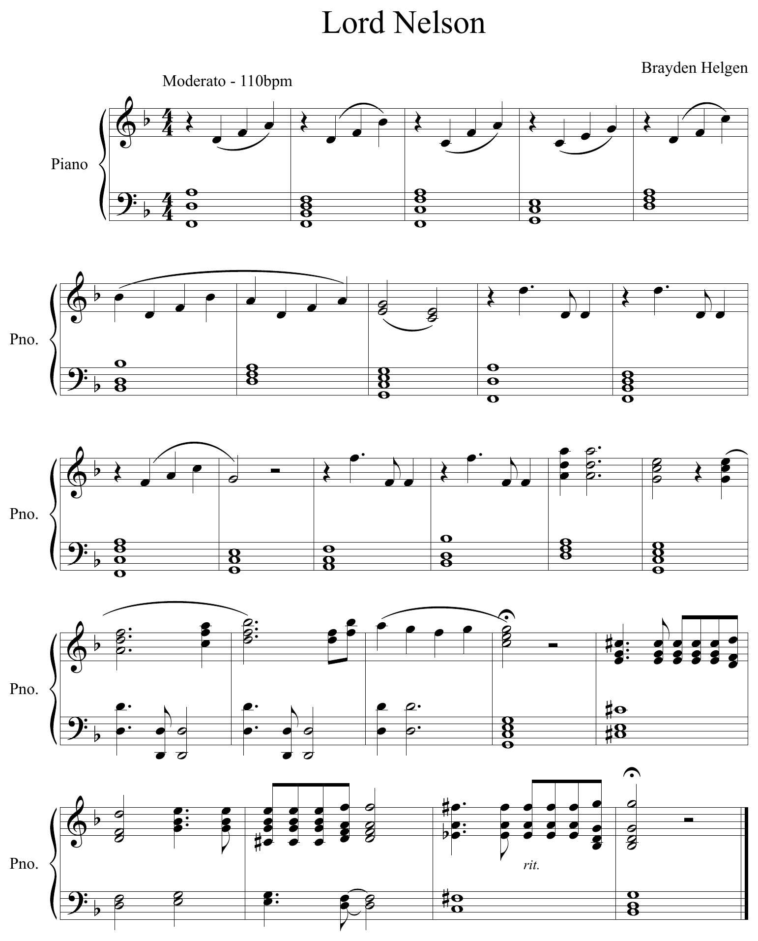 Piano score of Lord Nelson by Brayden Helgen, Moderato, 25 bars in D minor