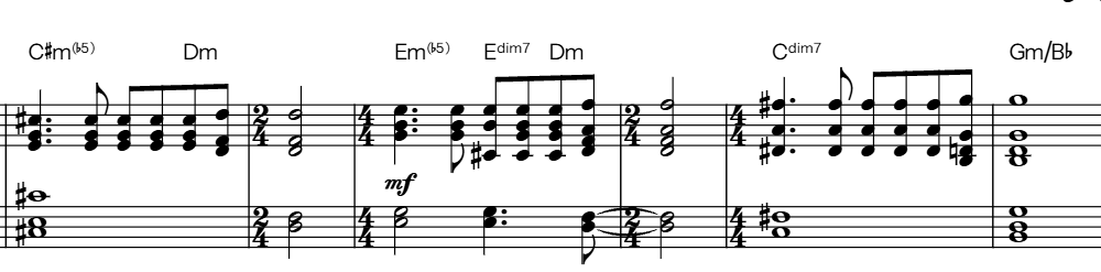 Eyes Set on England: chords C-sharp half-diminished, D minor, E half-diminished, E diminished seventh, C diminished seventh, G minor over B-flat