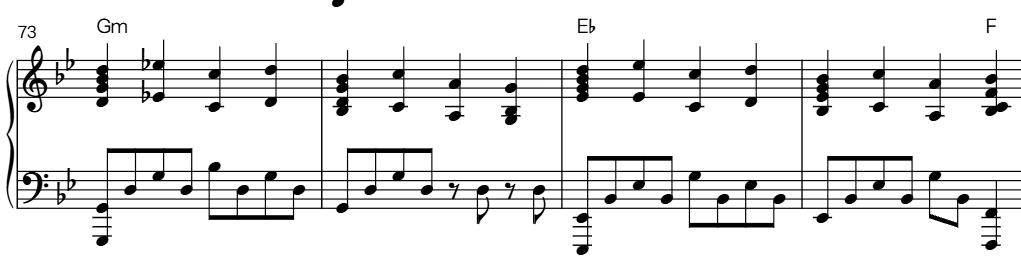 Duty and Fate: G minor, E-flat, F, with a rocking eighth-note bass