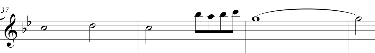 Royal Marines theme in G minor, bars 37 to 40: half notes C, D, C, then a quick figure B-flat, A, B-flat, C rising to a long held G
