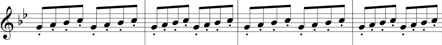 Sailing ostinato: staccato eighth notes G, A, B-flat, C repeated, in G minor