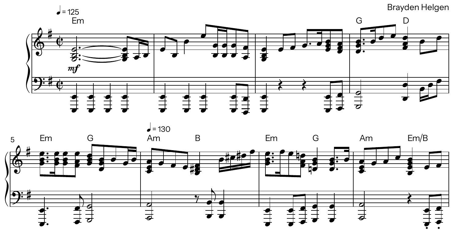 Shanty on the HMS Victory, bars 1–8 for piano, in E minor, cut time, quarter note 125 to 130
