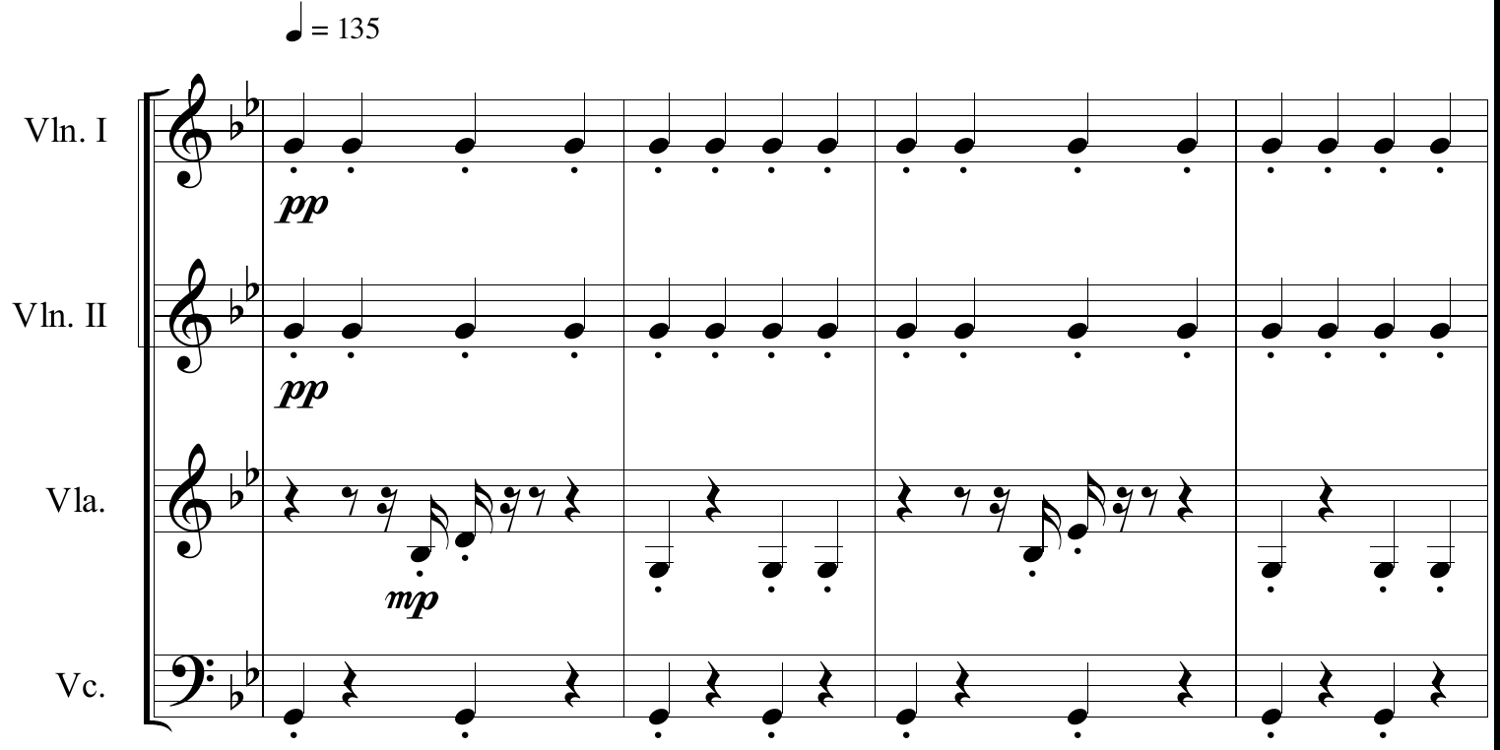 The Line, bars 9 to 12 for string quartet at 135 bpm: violins tap staccato Gs pianissimo, the viola flicks up and answers off the beat, the cello pulses G